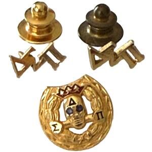 Vintage Delta Sigma Pi Gold Tone Skull Badge Pin w/ Rhinestone Eyes - Lot of 3